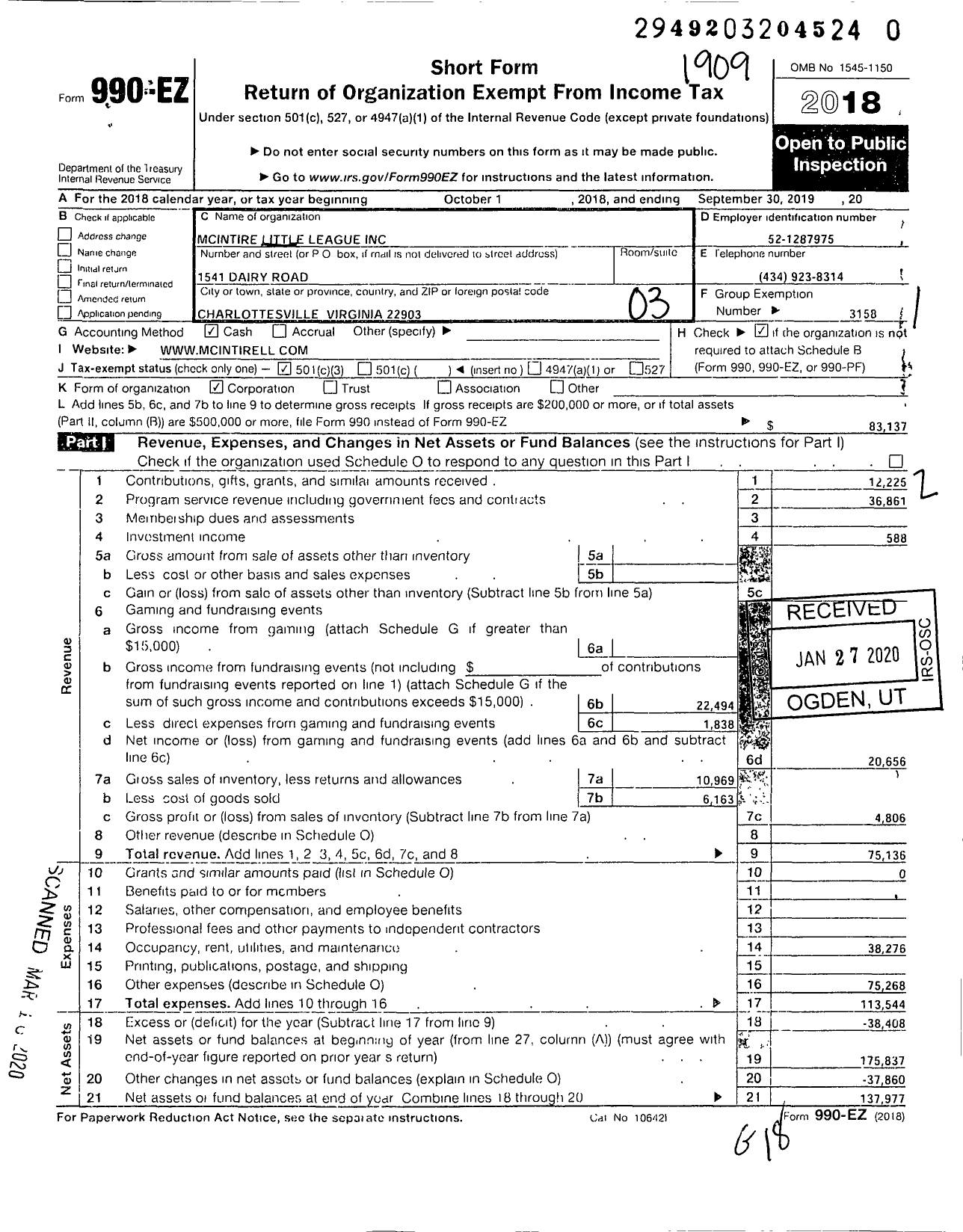 Image of first page of 2018 Form 990EZ for McINTIRE LITTLE LEAGUE