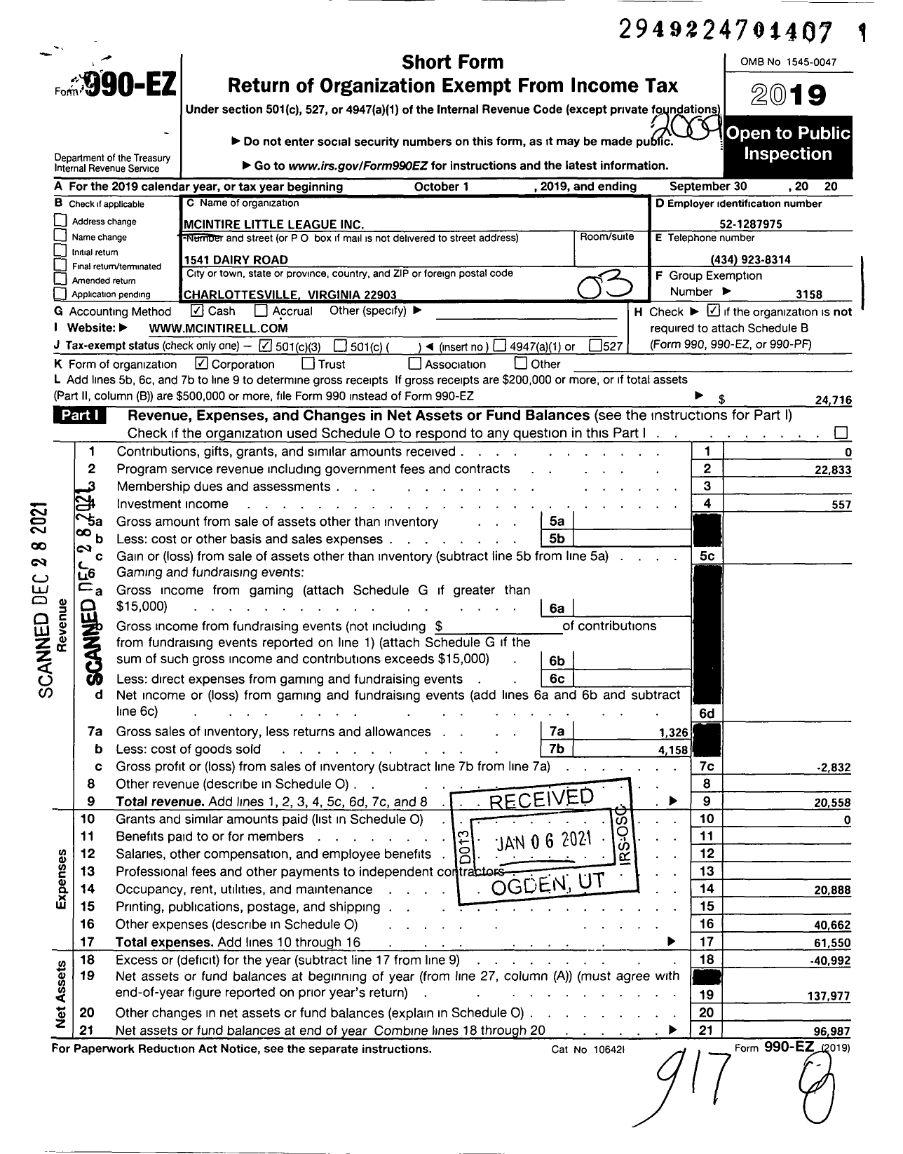 Image of first page of 2019 Form 990EZ for McINTIRE LITTLE LEAGUE