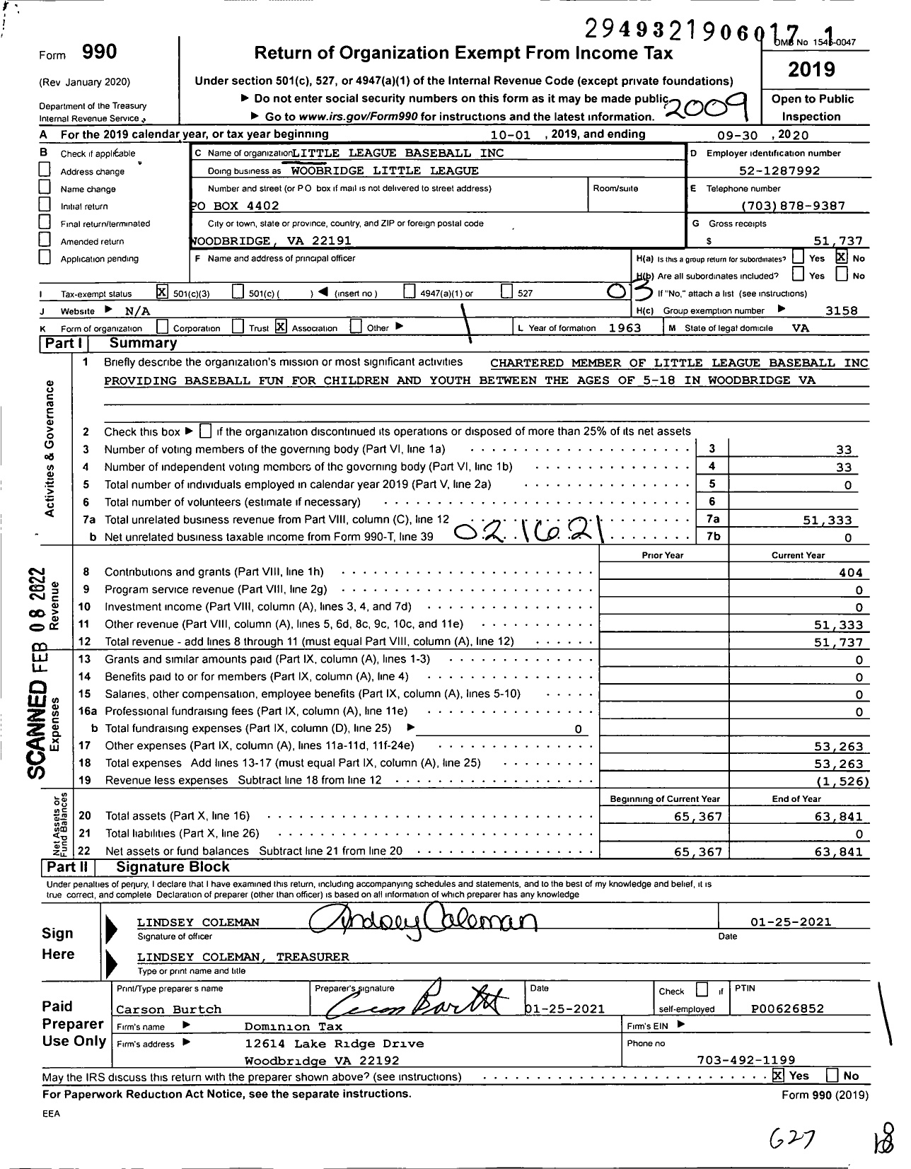 Image of first page of 2019 Form 990 for Little League Baseball / Woodbridge Little League