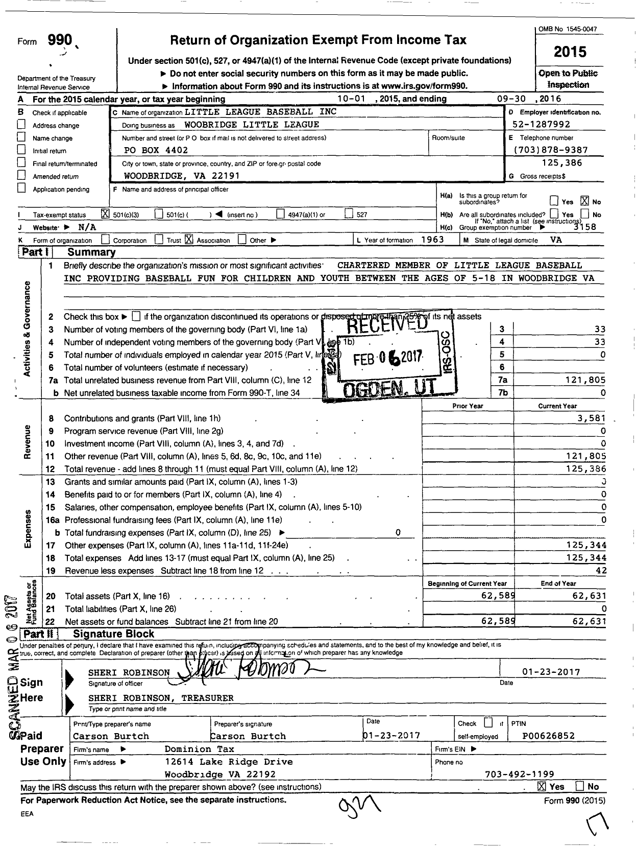 Image of first page of 2015 Form 990 for Little League Baseball / Woodbridge Little League