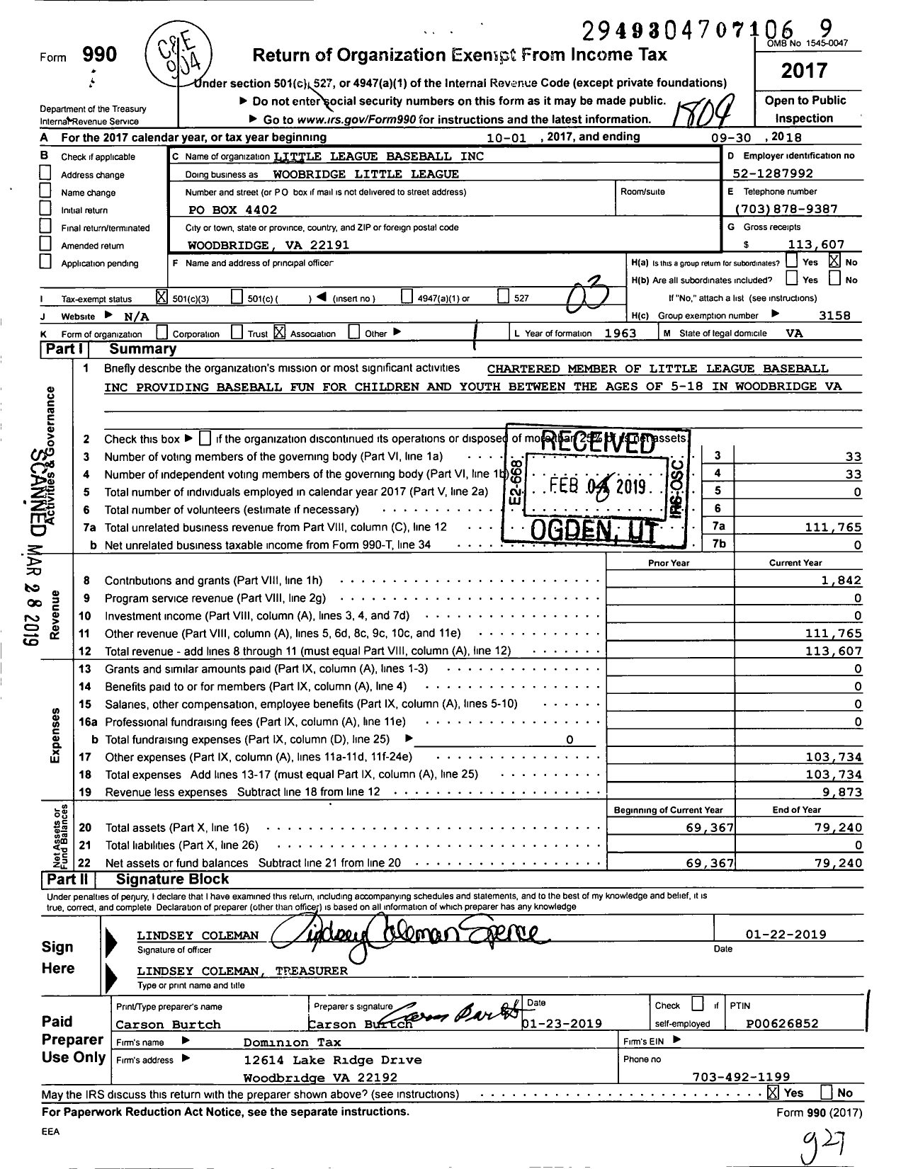 Image of first page of 2017 Form 990 for Little League Baseball / Woodbridge Little League