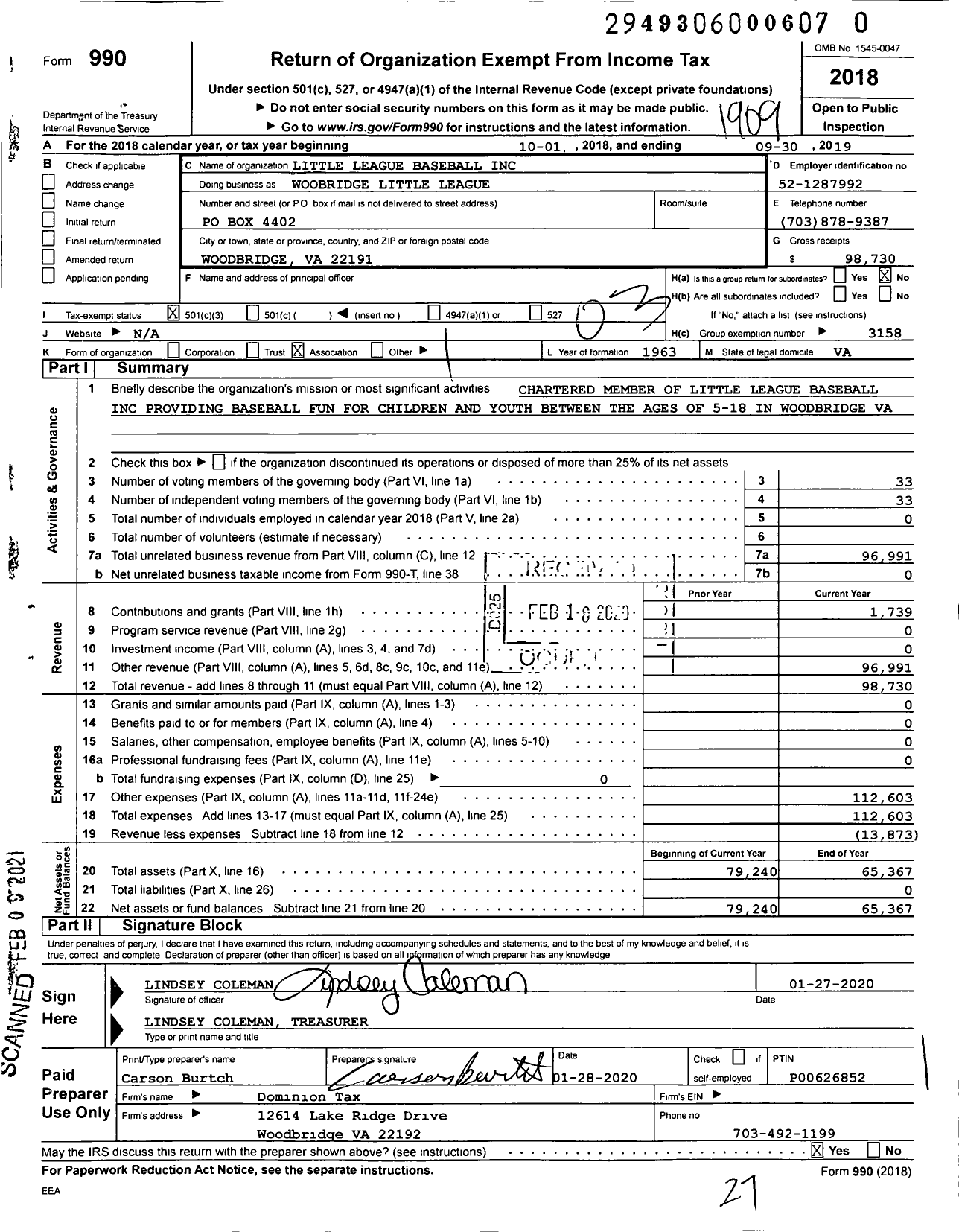 Image of first page of 2018 Form 990 for Little League Baseball / Woodbridge Little League