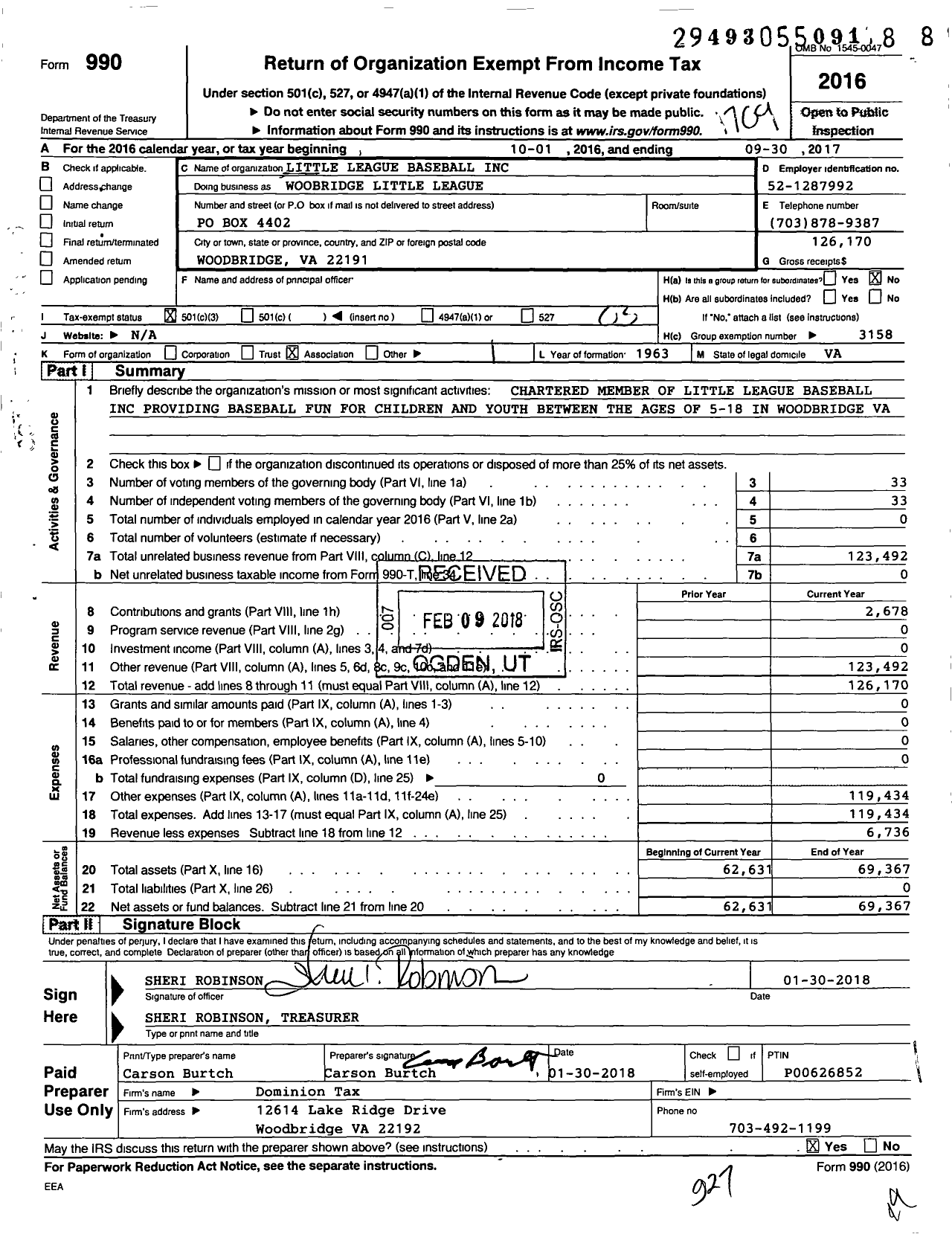 Image of first page of 2016 Form 990 for Little League Baseball / Woodbridge Little League