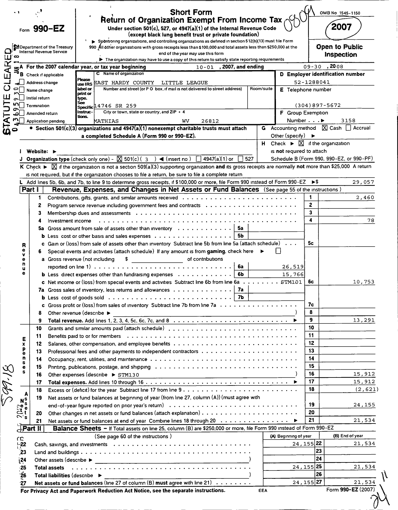 Image of first page of 2007 Form 990EZ for Little League Baseball - 3480613 East Hardy County LL