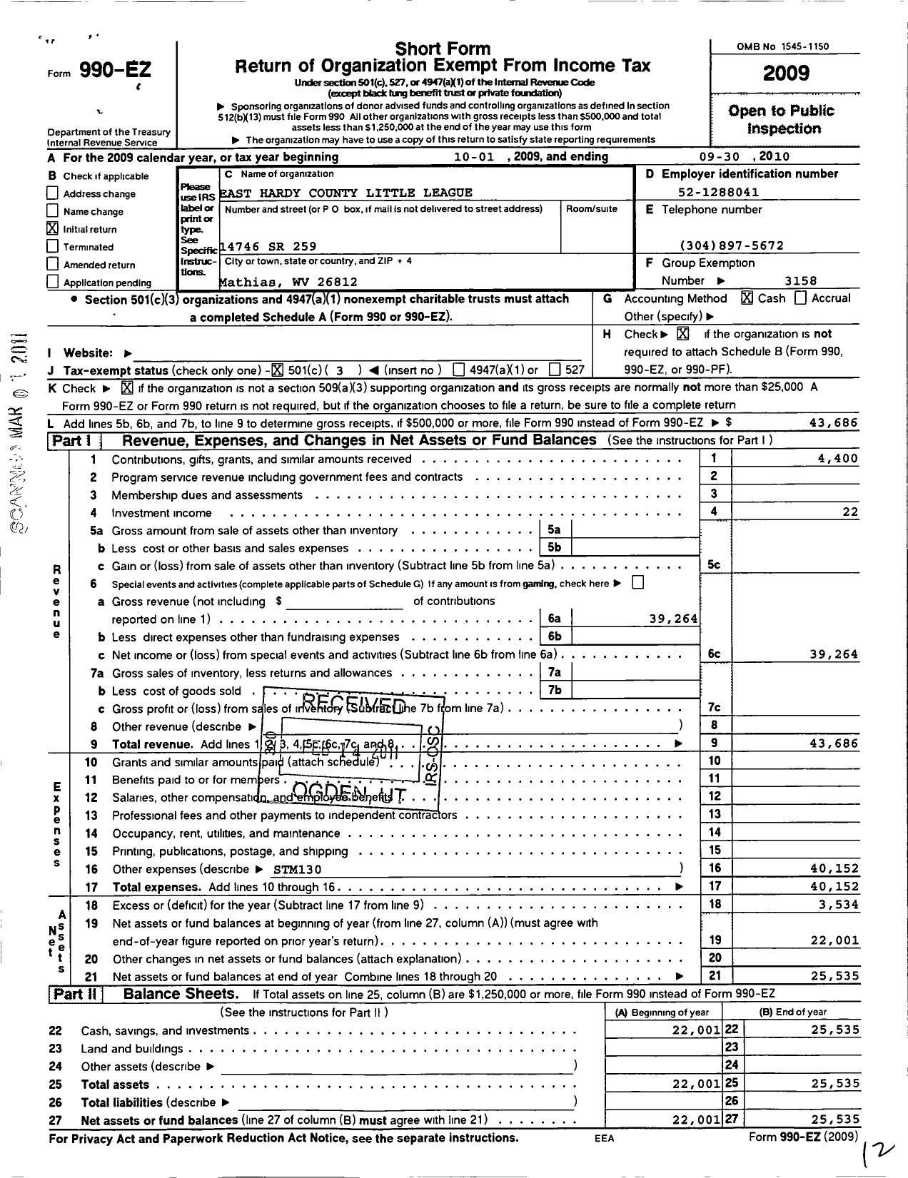 Image of first page of 2009 Form 990EZ for Little League Baseball - 3480613 East Hardy County LL