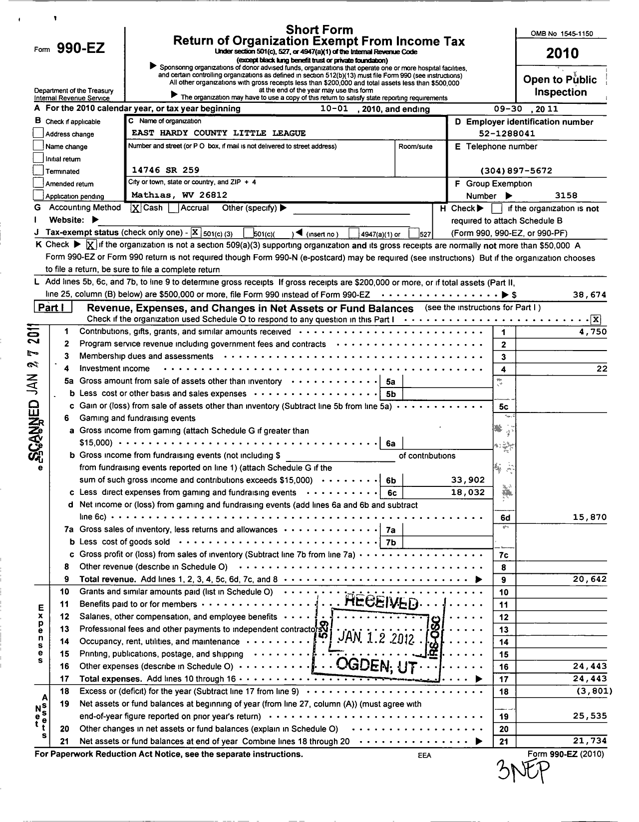 Image of first page of 2010 Form 990EZ for Little League Baseball - 3480613 East Hardy County LL