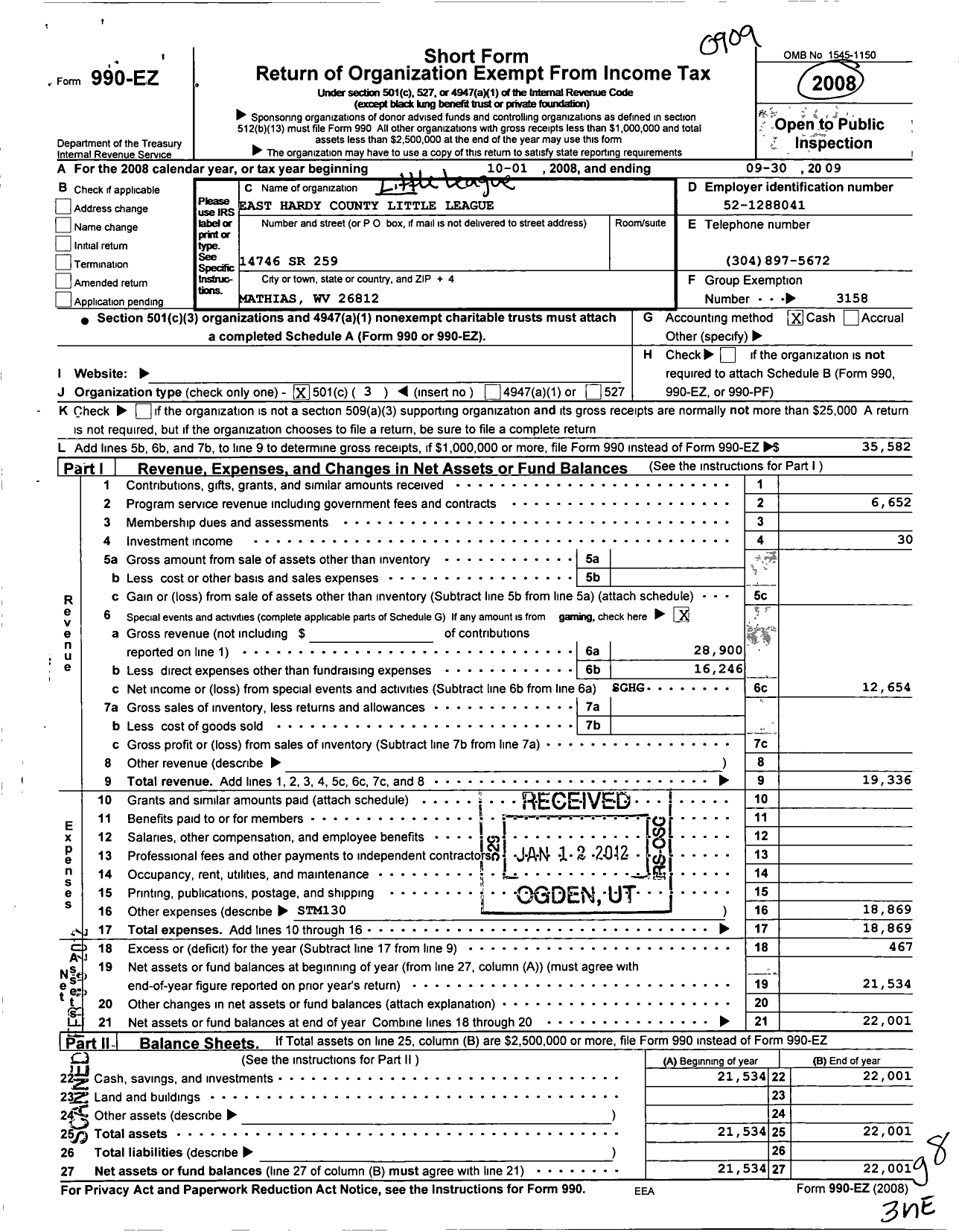 Image of first page of 2008 Form 990EZ for Little League Baseball - 3480613 East Hardy County LL