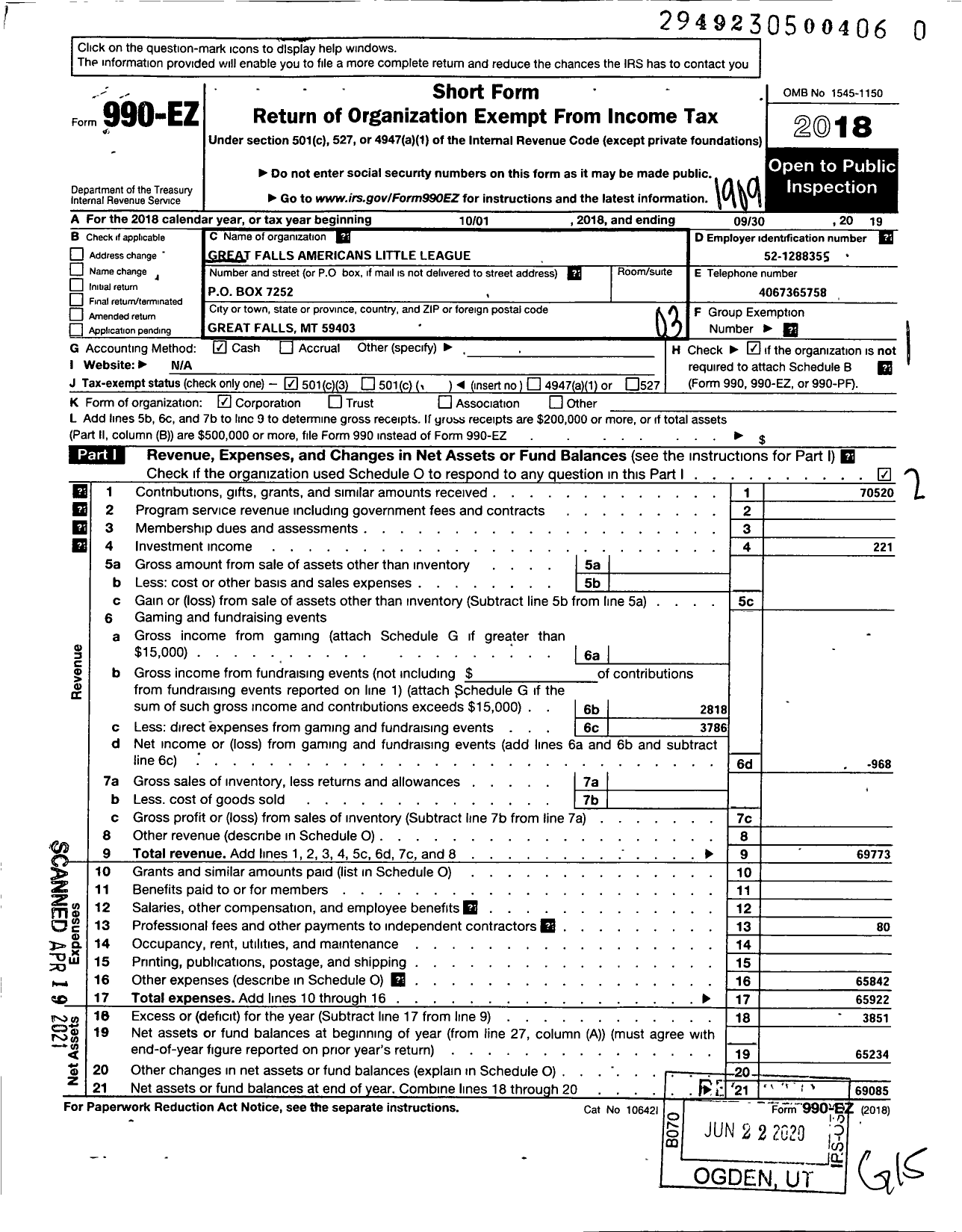 Image of first page of 2018 Form 990EZ for Little League Baseball - 4260202 Great Falls Americans LL