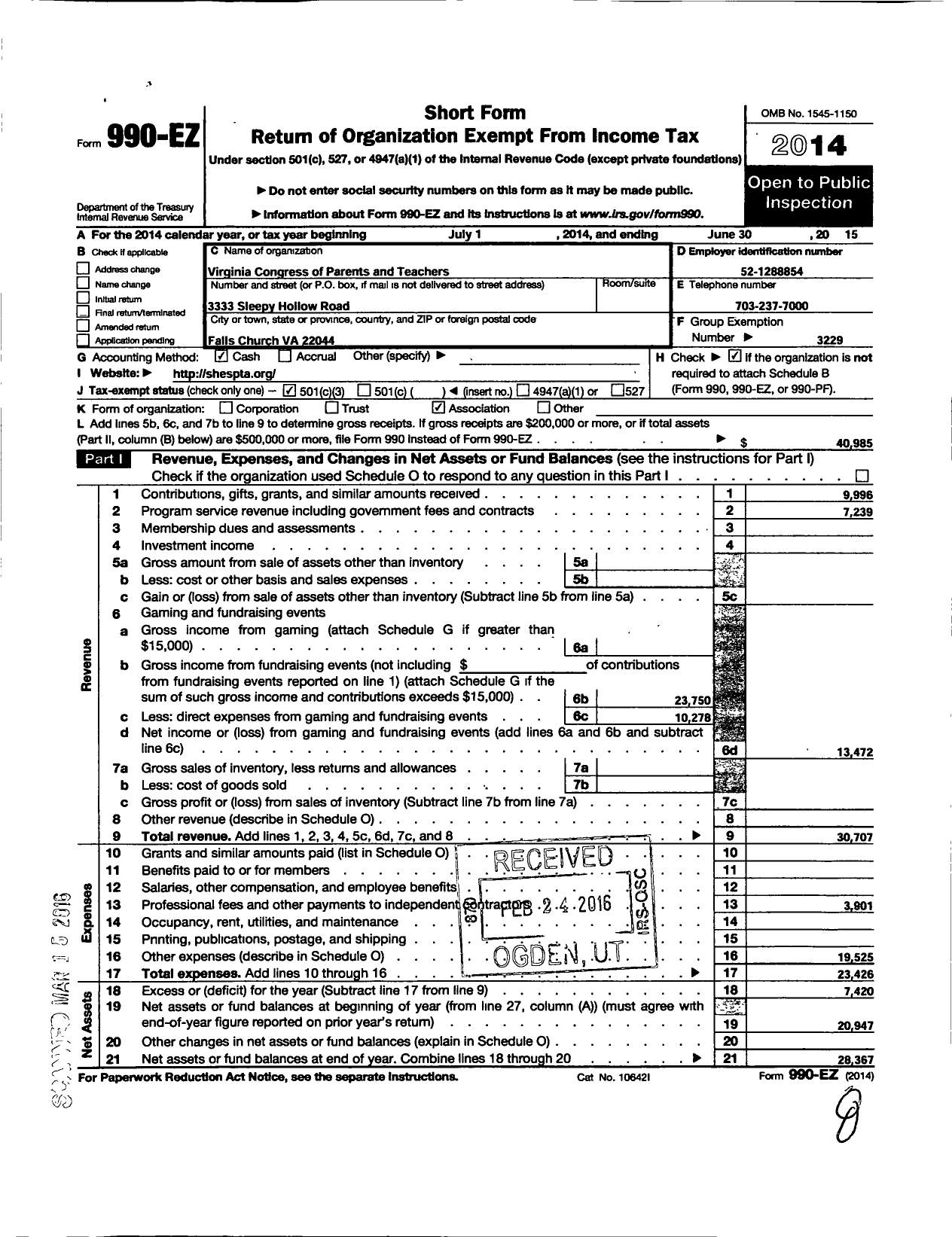 Image of first page of 2014 Form 990EZ for Virginia PTA - Sleepy Hollow Elementary School PTA