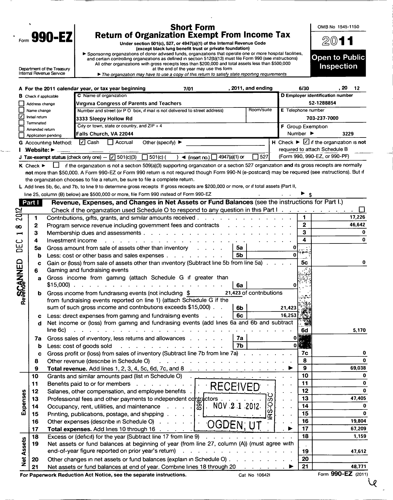 Image of first page of 2011 Form 990EZ for Virginia PTA - Sleepy Hollow Elementary School PTA