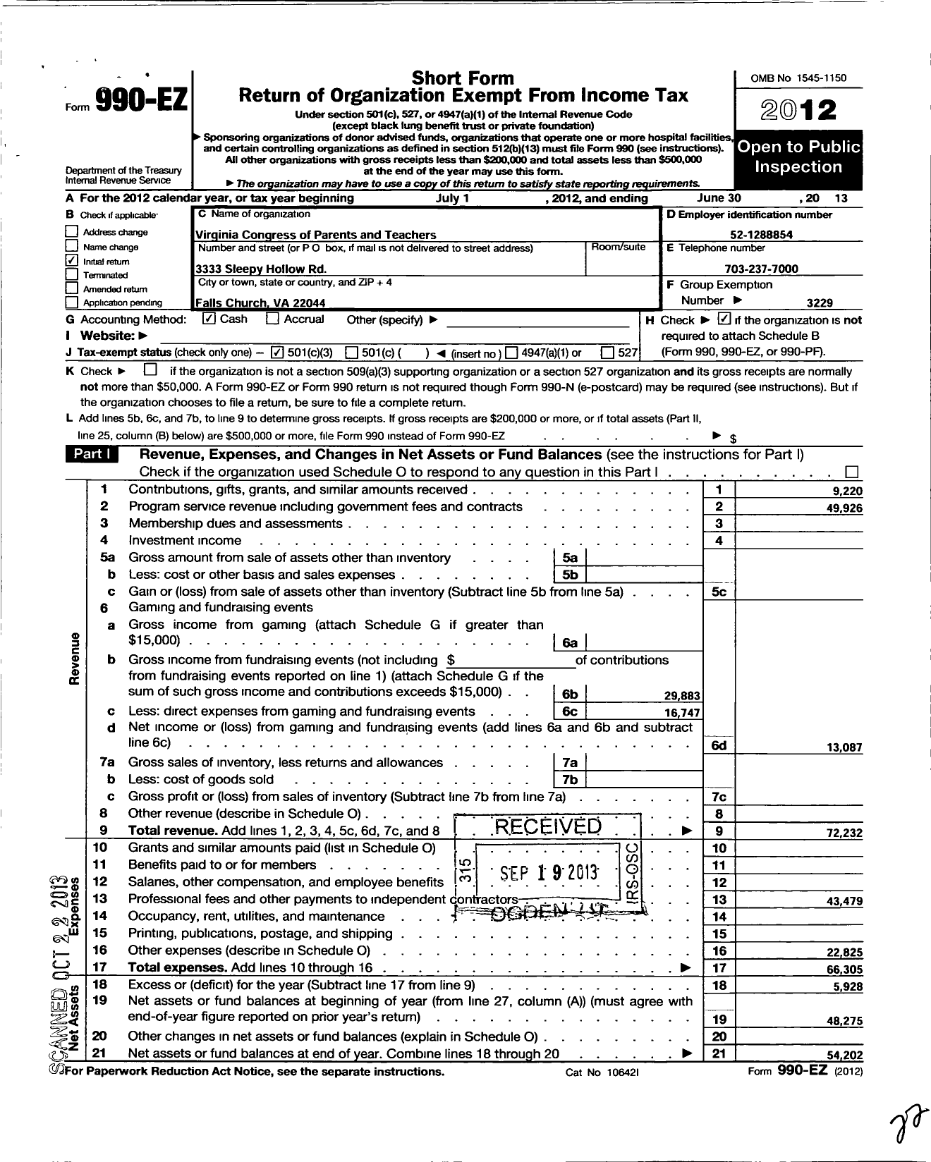 Image of first page of 2012 Form 990EZ for Virginia PTA - Sleepy Hollow Elementary School PTA