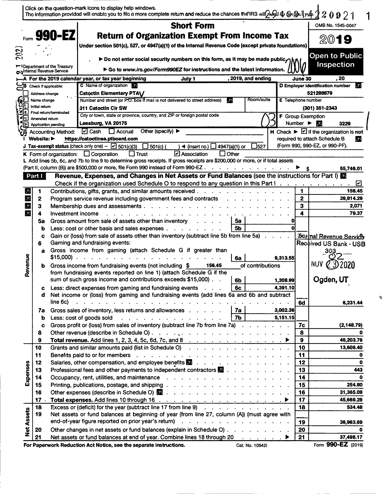 Image of first page of 2019 Form 990EZ for Virginia PTA - Catoctin Elementary School PTA