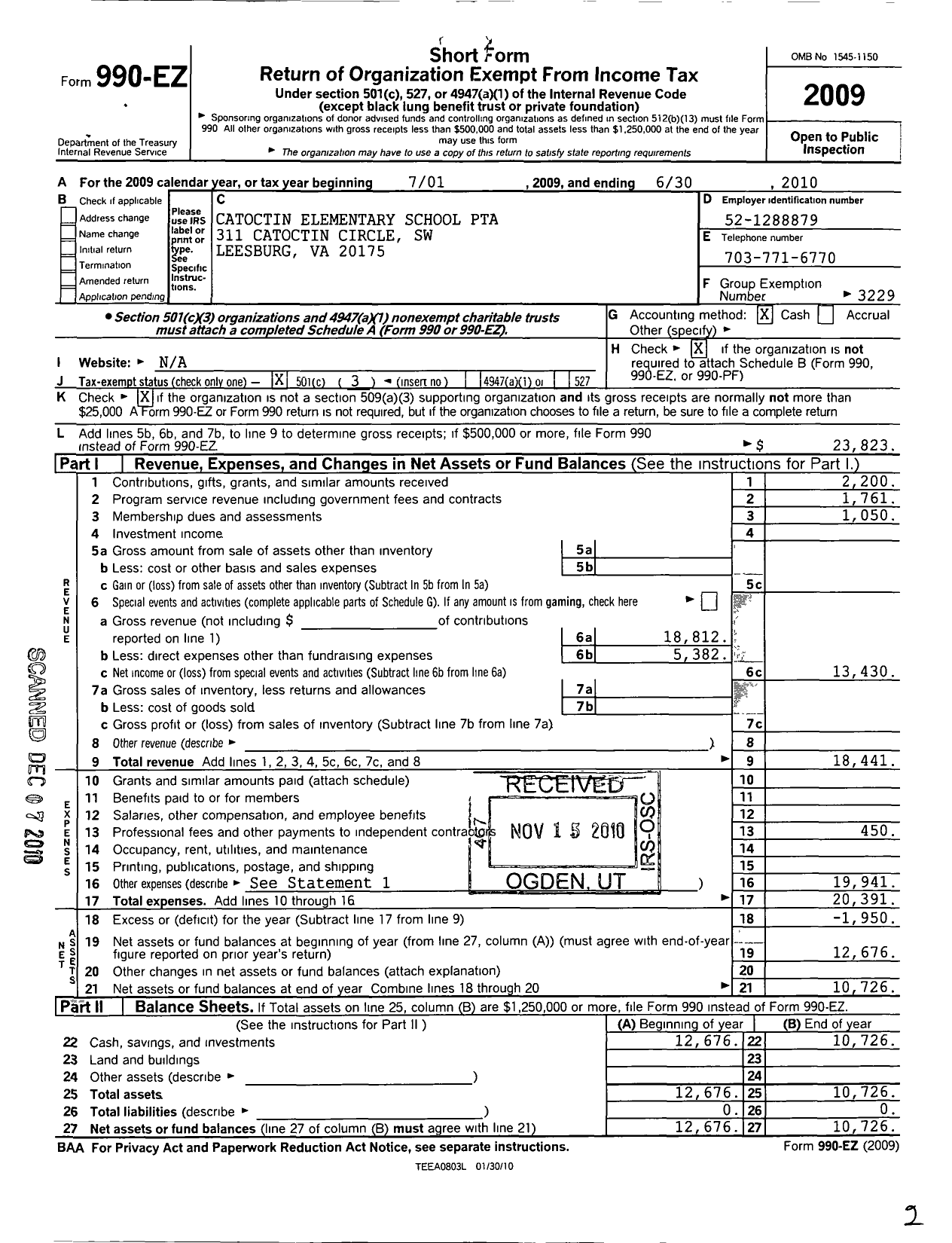 Image of first page of 2009 Form 990EZ for Virginia PTA - Catoctin Elementary School PTA