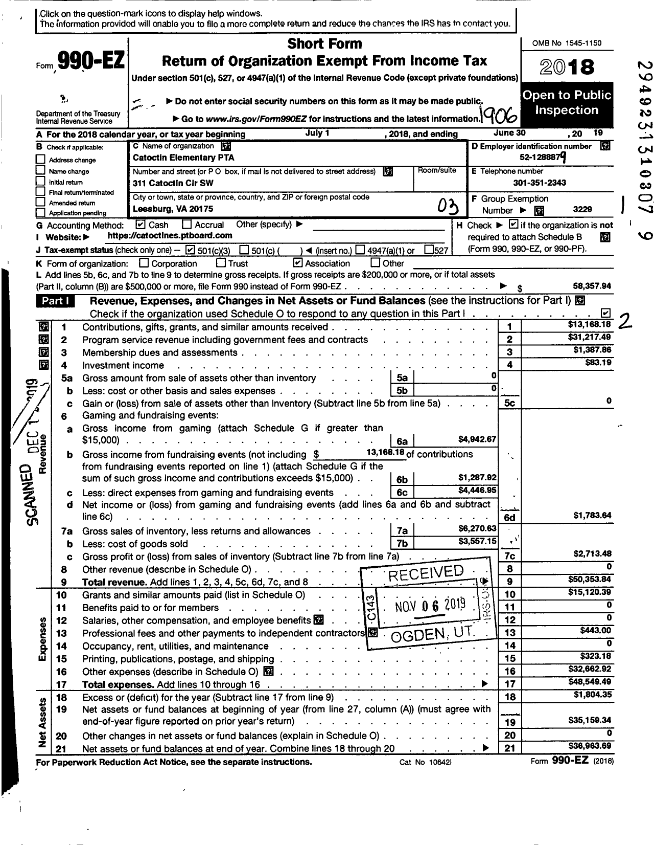 Image of first page of 2018 Form 990EZ for Virginia PTA - Catoctin Elementary School PTA