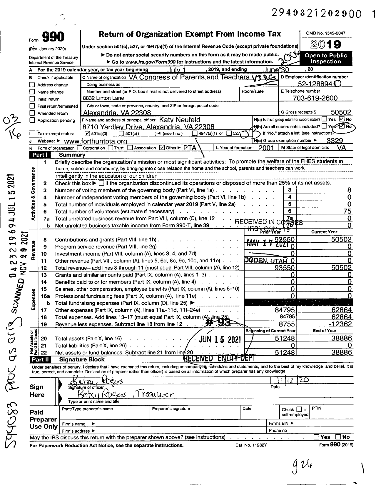 Image of first page of 2019 Form 990 for VIRGINIA PTA - Fort Hunt Elementary School PTA