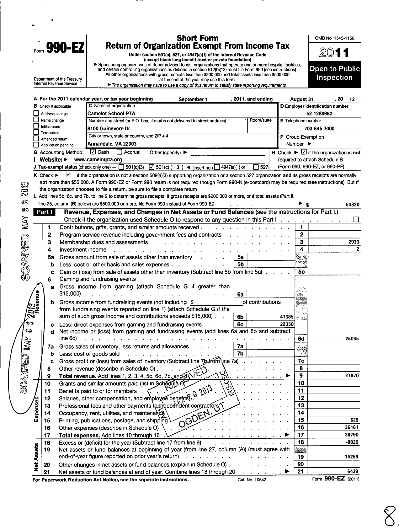 Image of first page of 2011 Form 990EZ for Virginia PTA - Camelot Elementary School PTA