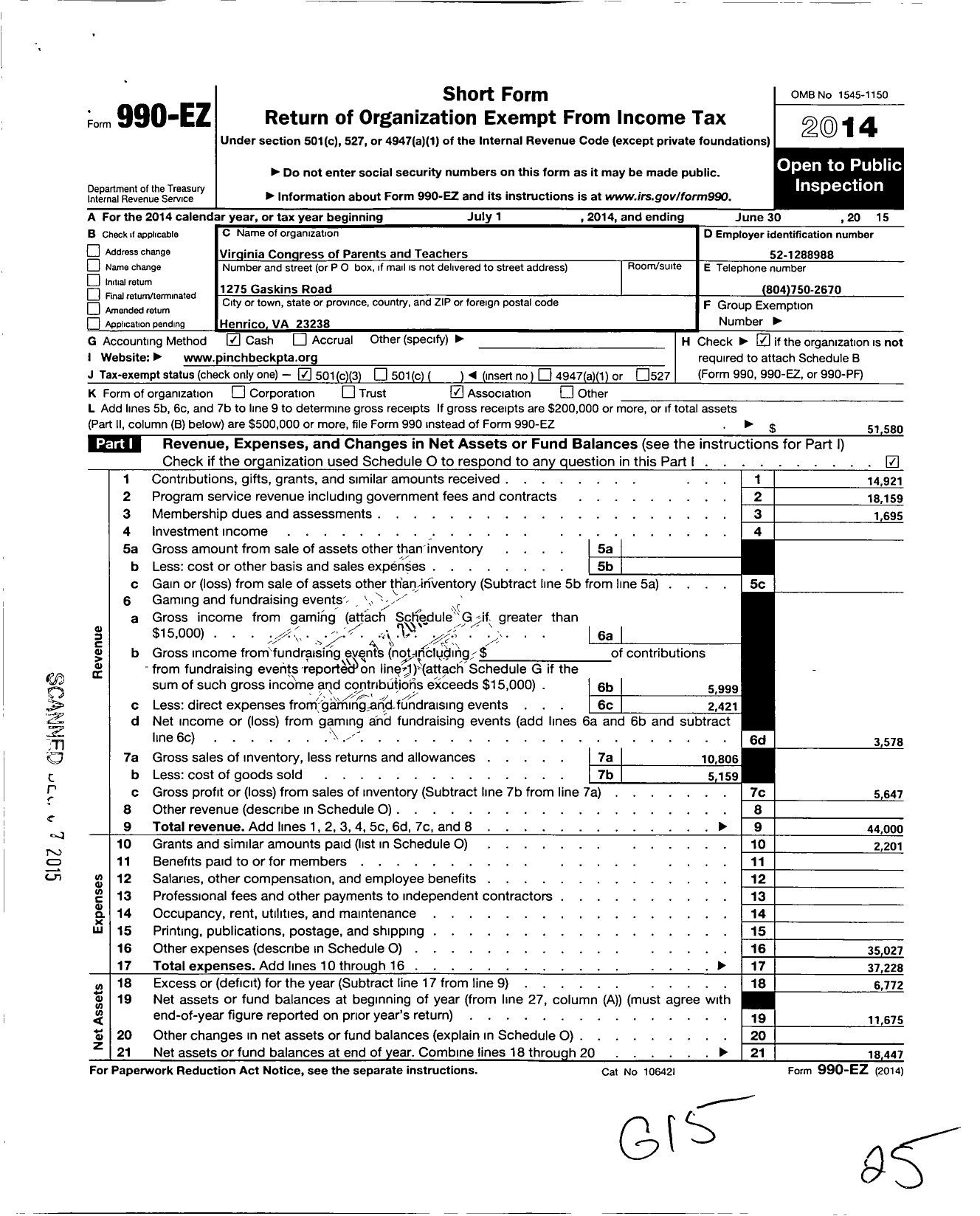 Image of first page of 2014 Form 990EZ for Virginia PTA - Raymond B Pinchbeck Elem PTA