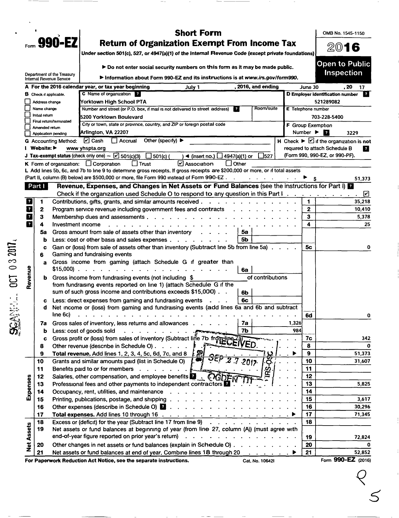 Image of first page of 2016 Form 990EZ for Virginia PTA - Yorktown High School PTA
