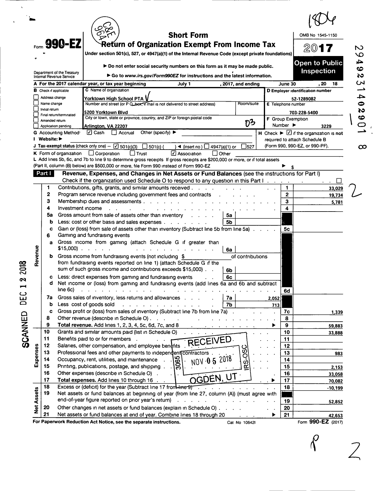 Image of first page of 2017 Form 990EZ for Virginia PTA - Yorktown High School PTA