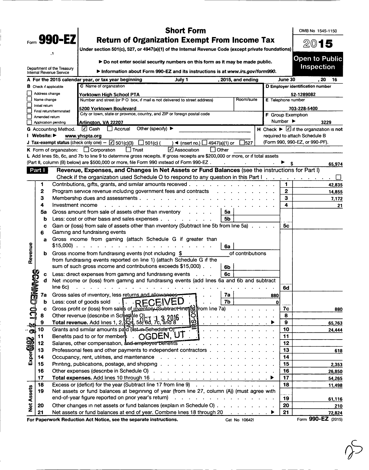 Image of first page of 2015 Form 990EZ for Virginia PTA - Yorktown High School PTA