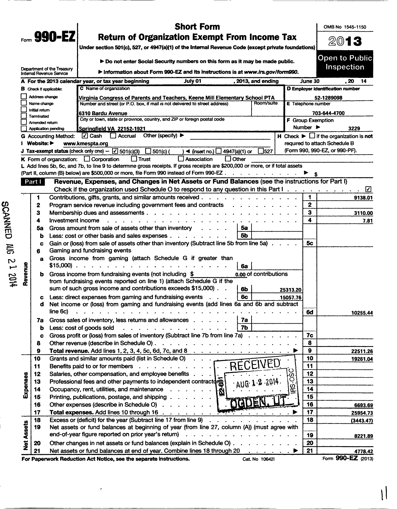 Image of first page of 2013 Form 990EZ for Virginia PTA - Keene Mill Elementary School PTA