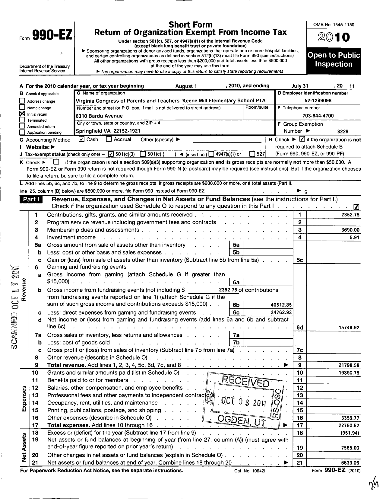 Image of first page of 2010 Form 990EZ for Virginia PTA - Keene Mill Elementary School PTA