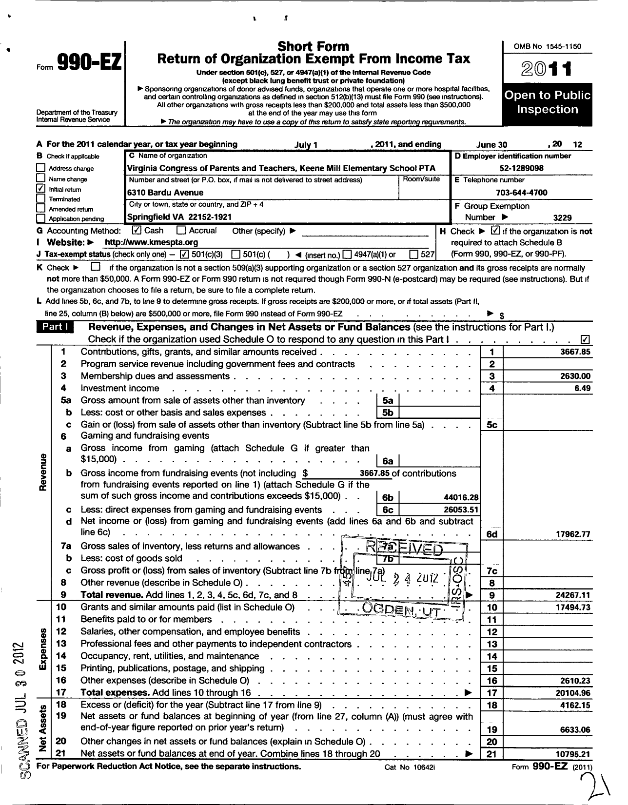 Image of first page of 2011 Form 990EZ for Virginia PTA - Keene Mill Elementary School PTA