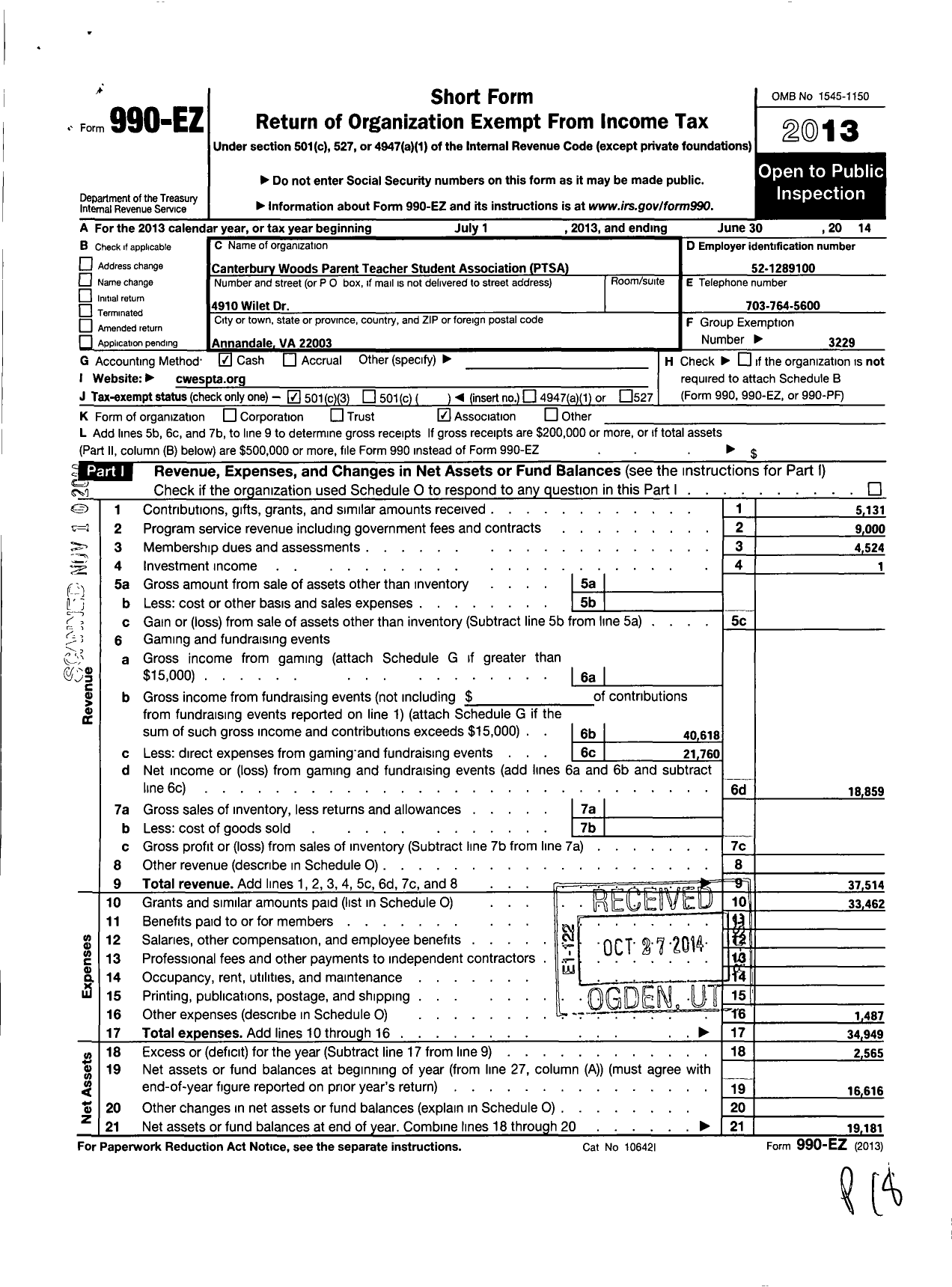 Image of first page of 2013 Form 990EZ for Virginia PTA - Canterbury Woods School PTA