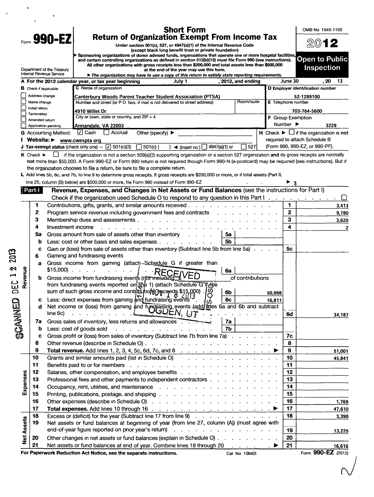 Image of first page of 2012 Form 990EZ for Virginia PTA - Canterbury Woods School PTA