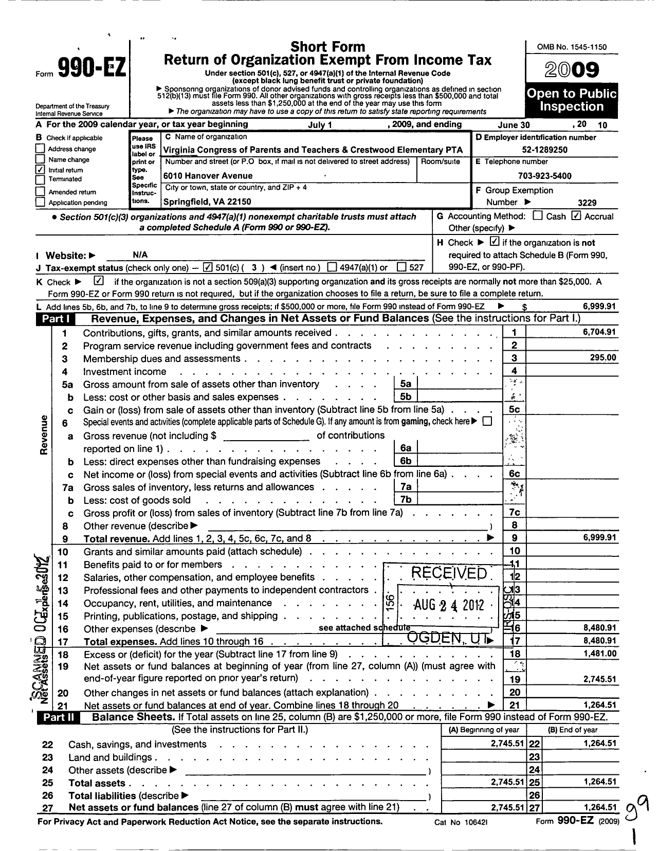 Image of first page of 2009 Form 990EZ for Virginia PTA - Crestwood Elementary School PTA