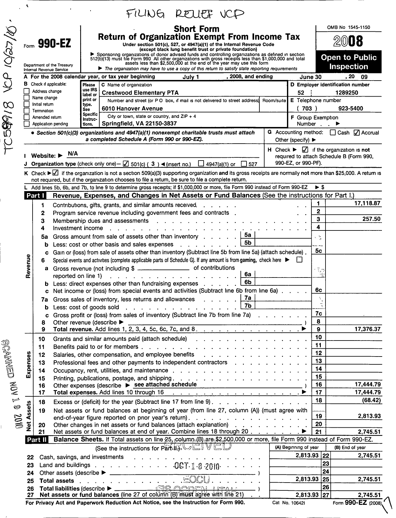 Image of first page of 2008 Form 990EZ for Virginia PTA - Crestwood Elementary School PTA