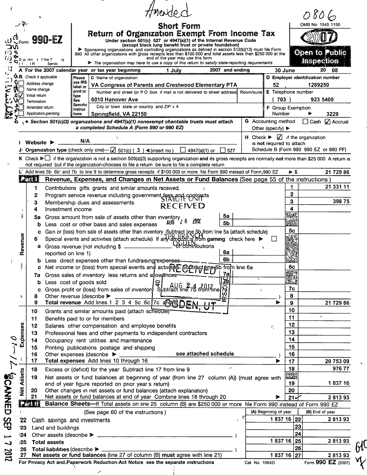 Image of first page of 2007 Form 990EZ for Virginia PTA - Crestwood Elementary School PTA