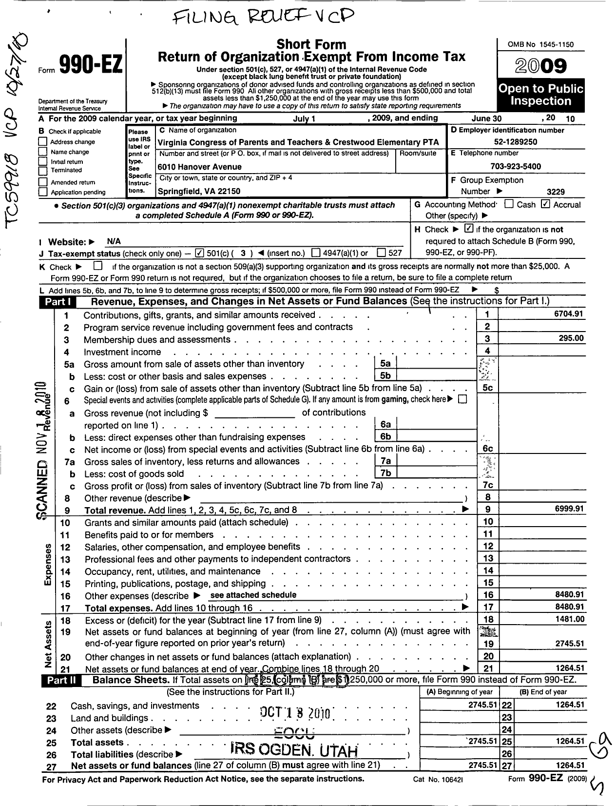 Image of first page of 2009 Form 990EZ for Virginia PTA - Crestwood Elementary School PTA