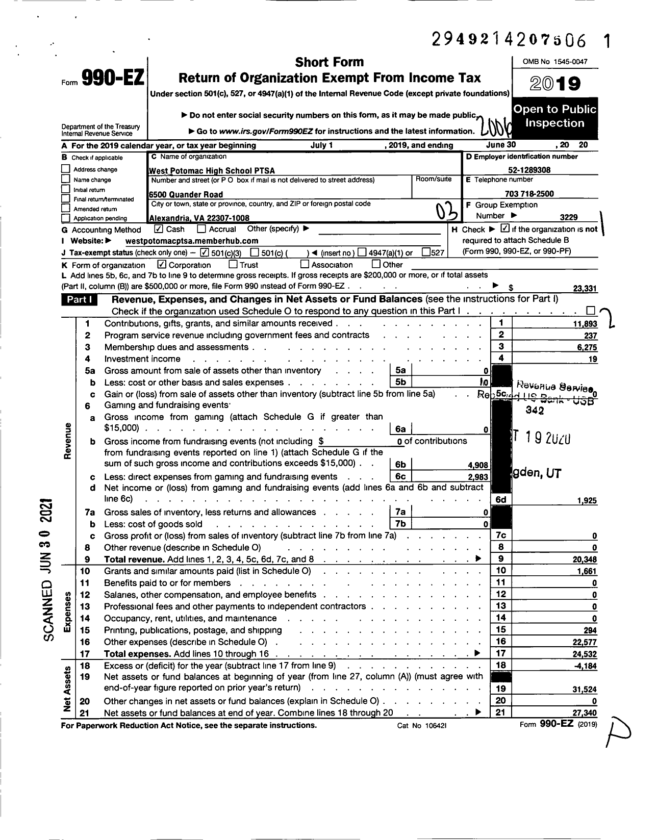 Image of first page of 2019 Form 990EZ for Virginia PTA - West Potomac High School PTSA