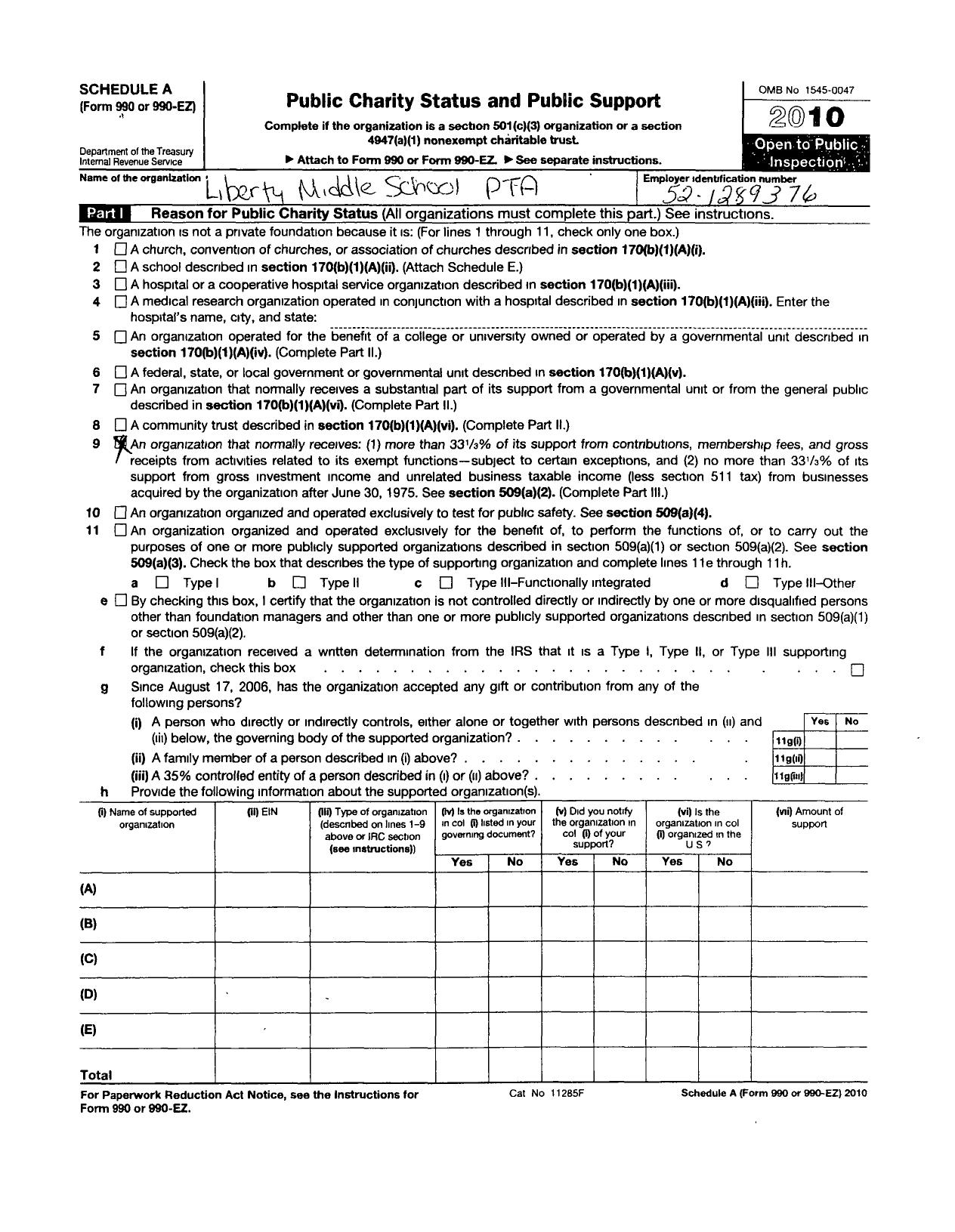 Image of first page of 2009 Form 990ER for Virginia PTA - Liberty Middle School PTA