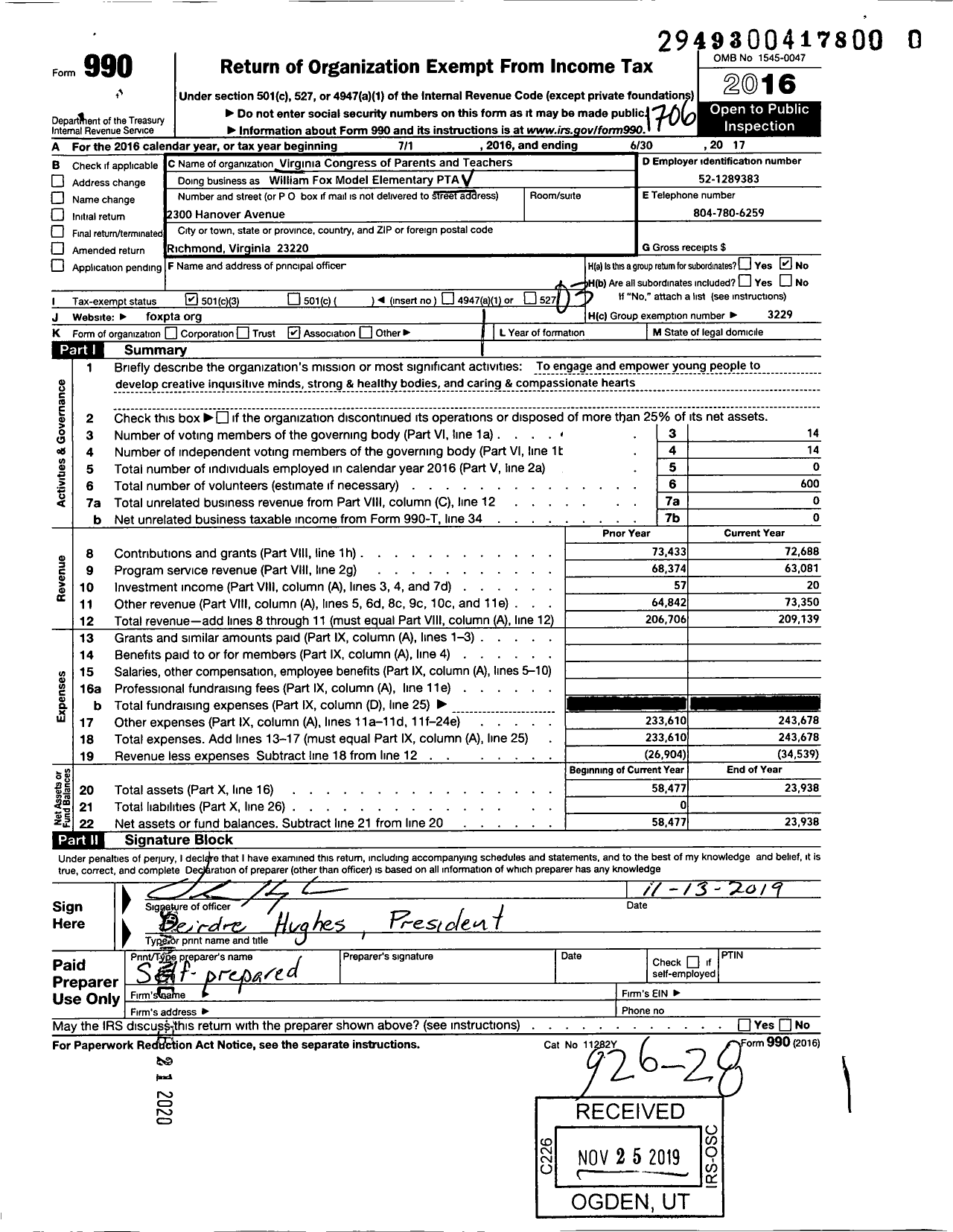 Image of first page of 2016 Form 990 for Virginia PTA - William Fox Model Elementary P