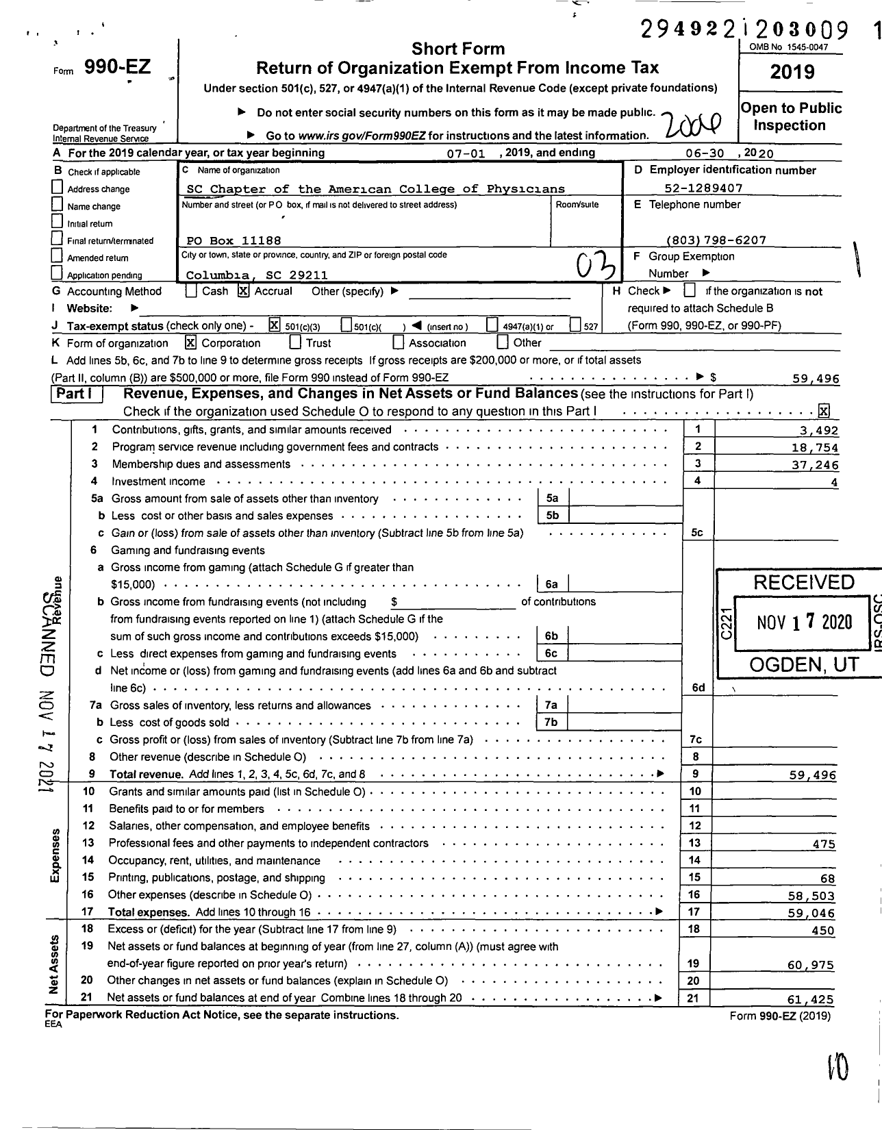 Image of first page of 2019 Form 990EZ for South Carolina Chapter of the American College of Physicians