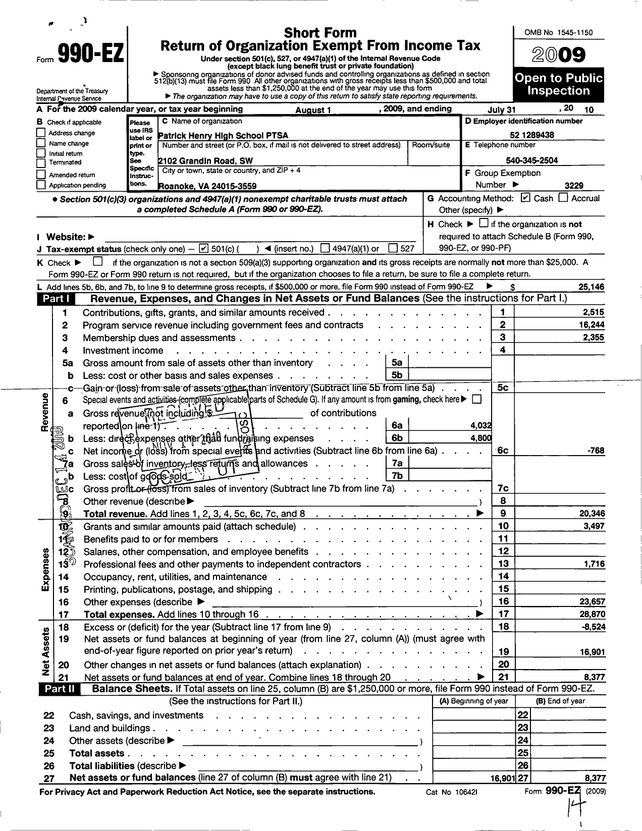 Image of first page of 2009 Form 990EO for Virginia PTA - Patrick Henry High Ptsa