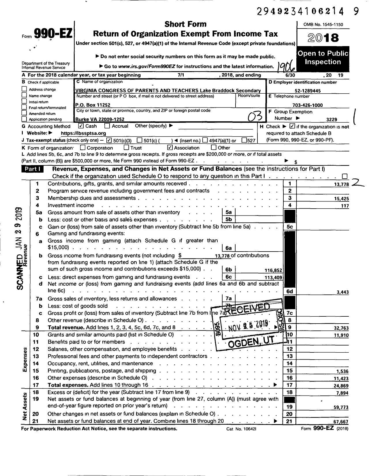 Image of first page of 2018 Form 990EZ for VIRGINIA PTA - Lake Braddock Secondary PTSA