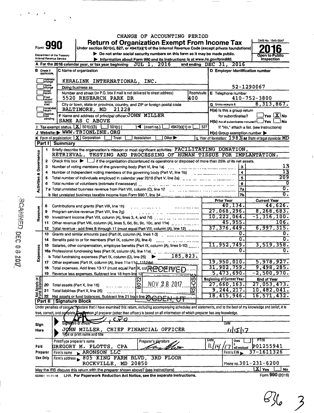 Image of first page of 2016 Form 990 for Keralink International (TBI)