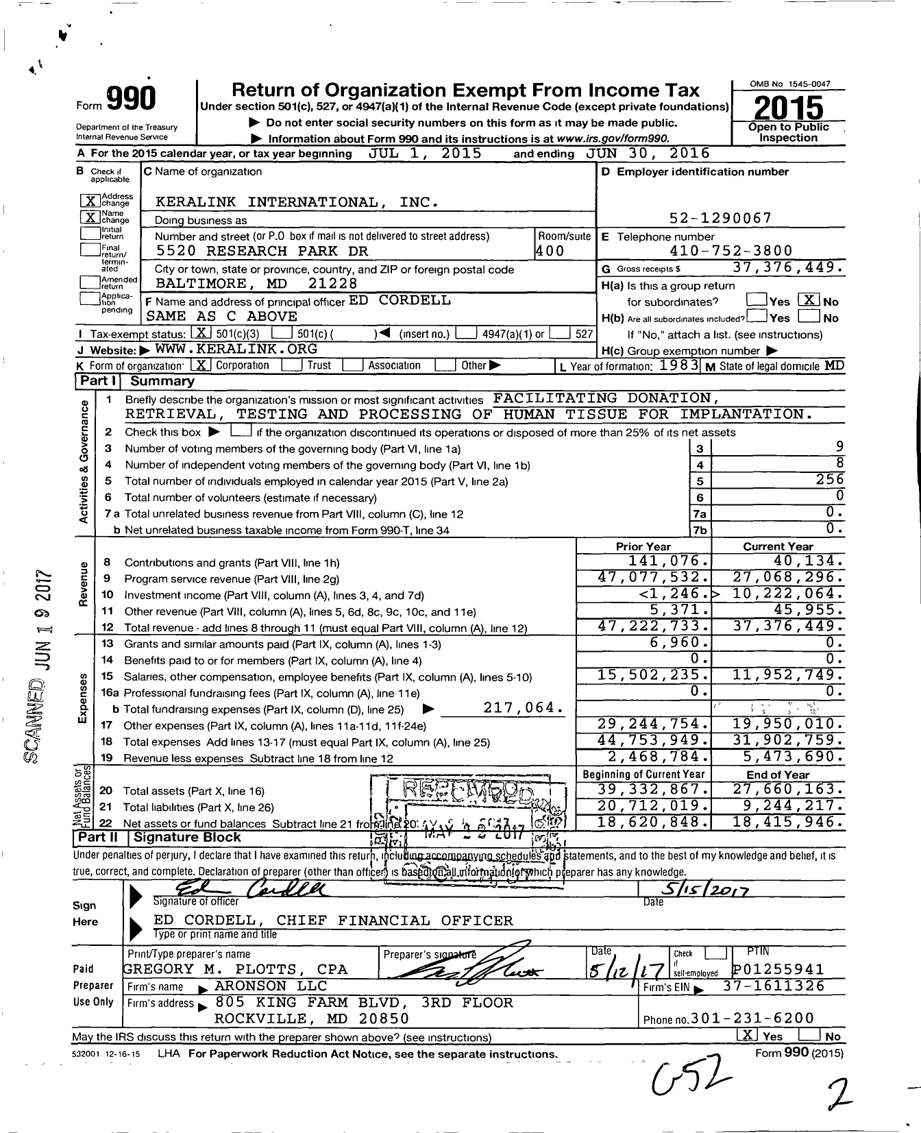 Image of first page of 2015 Form 990 for Keralink International (TBI)