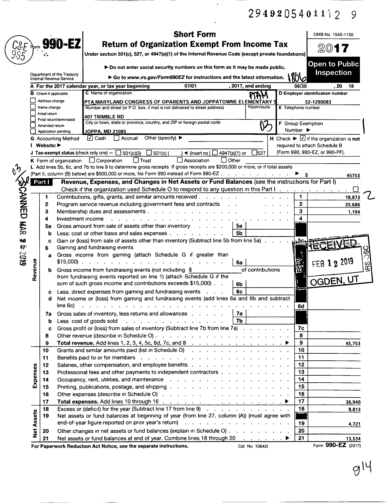 Image of first page of 2017 Form 990EZ for PTA Maryland Congress of Parents and Teachers / Joppatowne Elementary School PTA