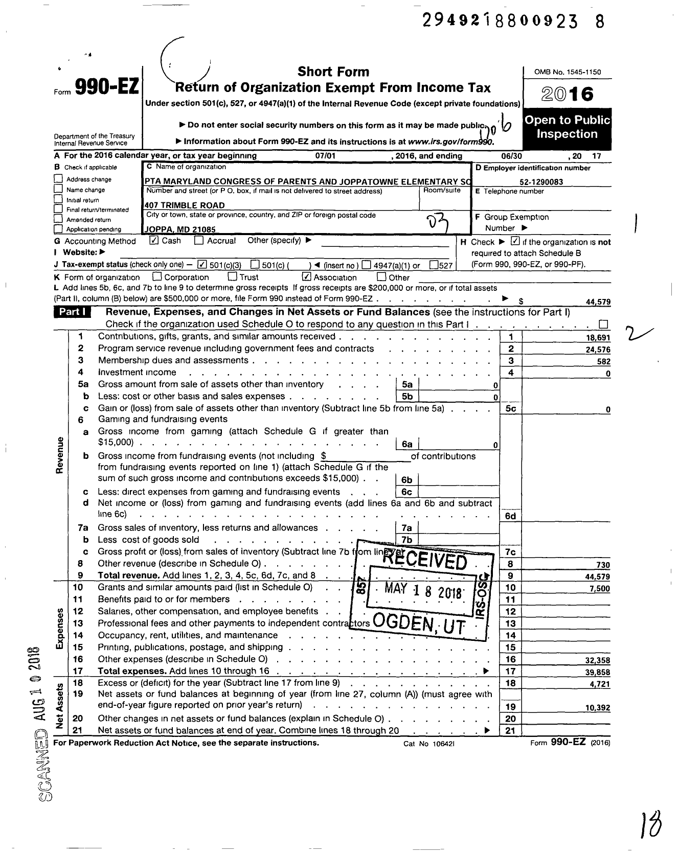 Image of first page of 2016 Form 990EZ for PTA Maryland Congress of Parents and Teachers / Joppatowne Elementary School PTA