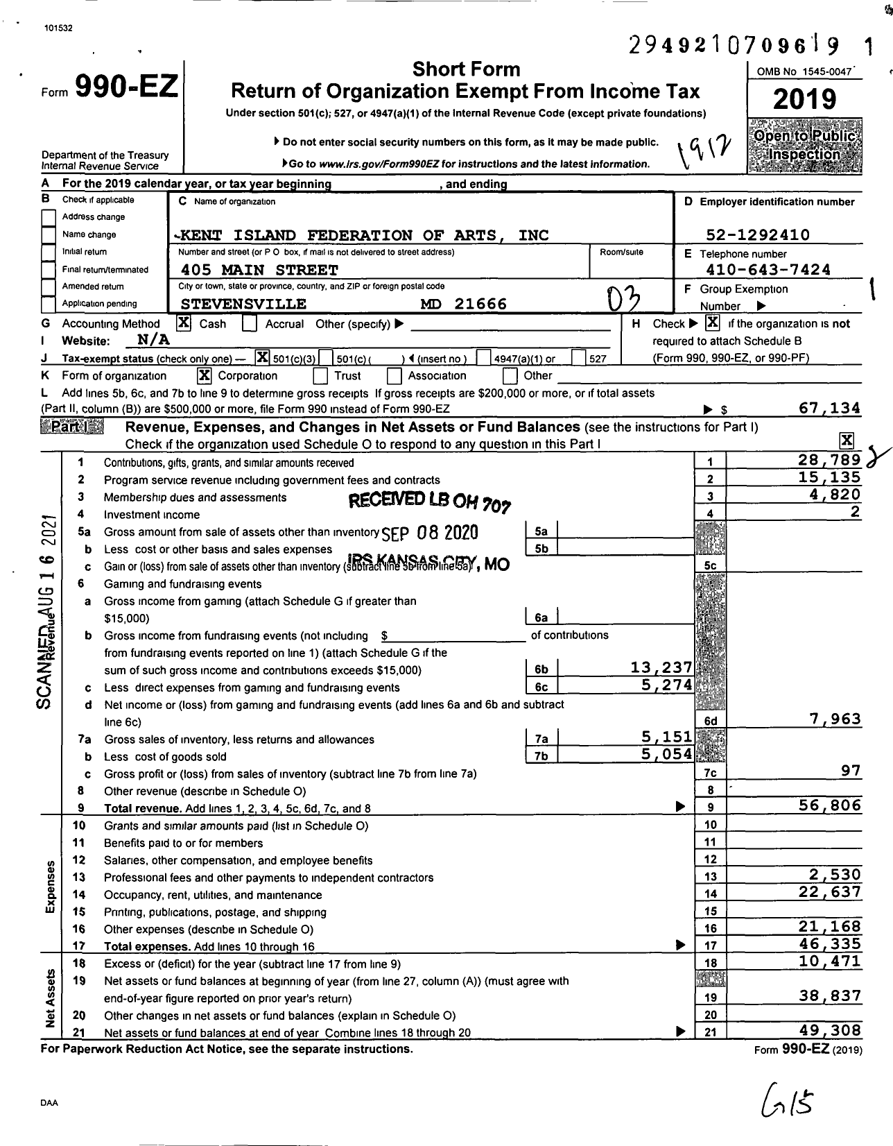 Image of first page of 2019 Form 990EZ for Kent Island Federation of Arts