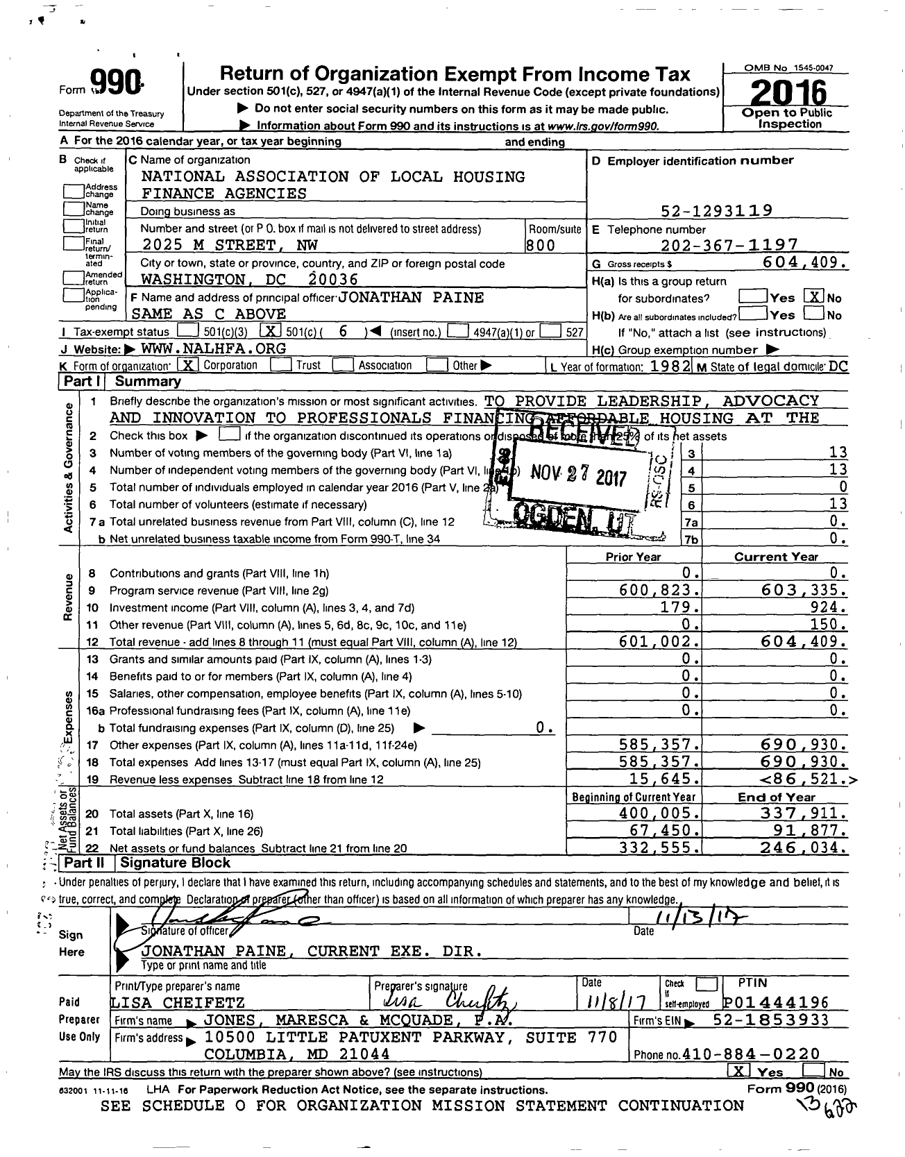 Image of first page of 2016 Form 990O for National Association of Local Housing Finance Agencies