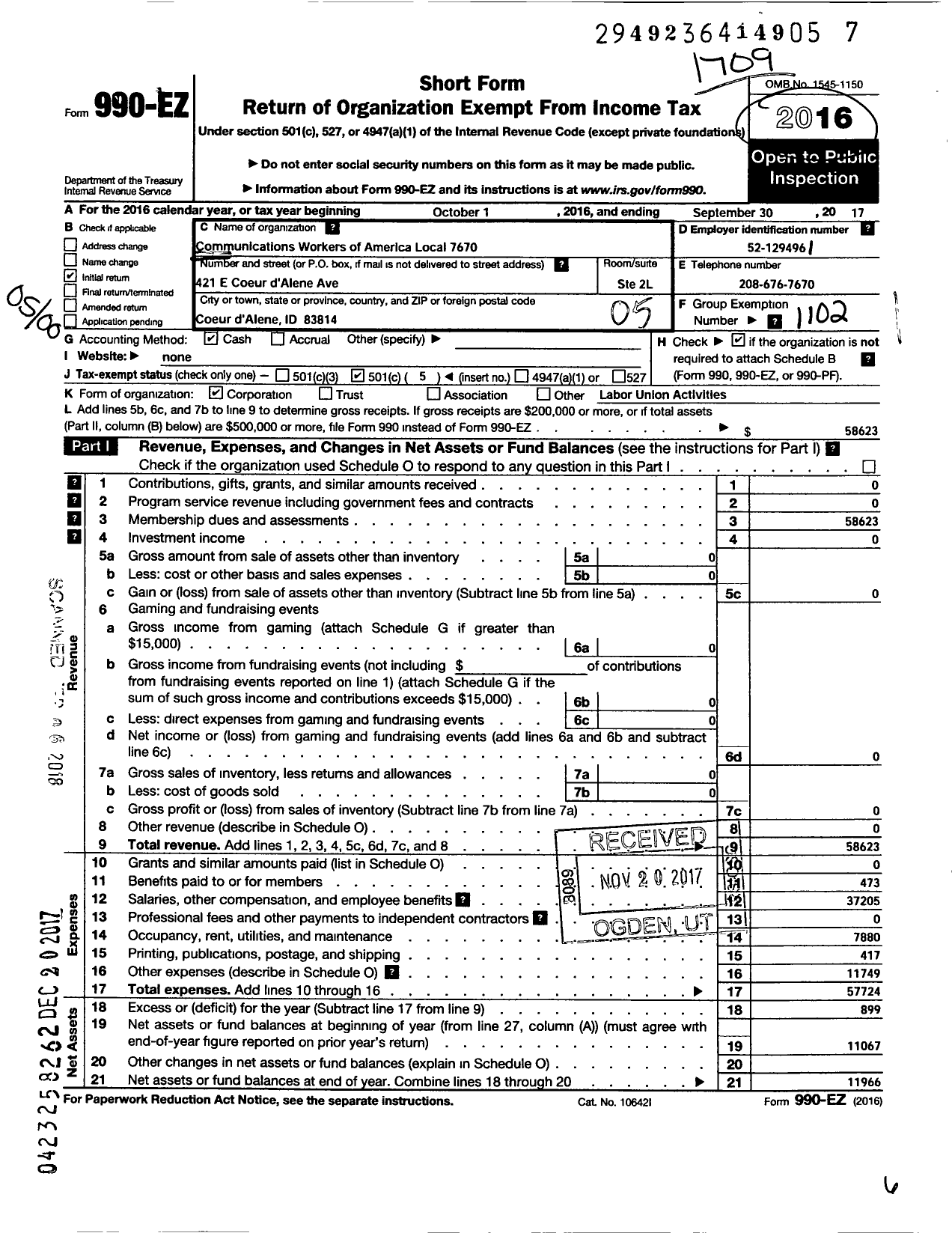 Image of first page of 2016 Form 990EO for COMMUNICATIONS WORKERS OF AMERICA - 7670 Local