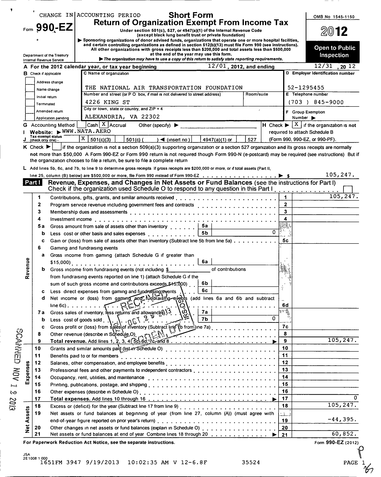 Image of first page of 2012 Form 990EZ for National Air Transportation Foundation