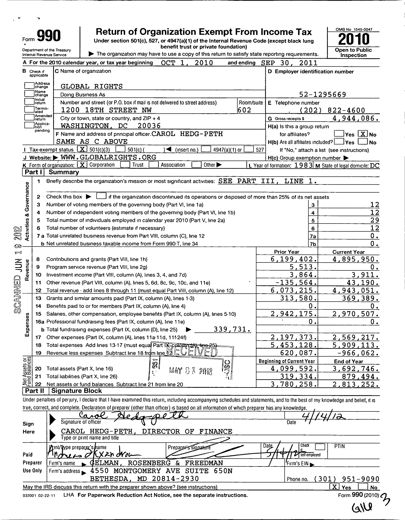 Image of first page of 2010 Form 990 for Global Rights