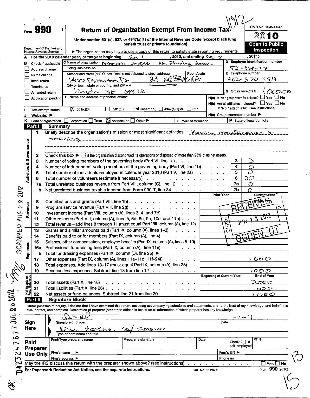 Image of first page of 2010 Form 990 for American Planning Association - 23 Nebraska Chapter