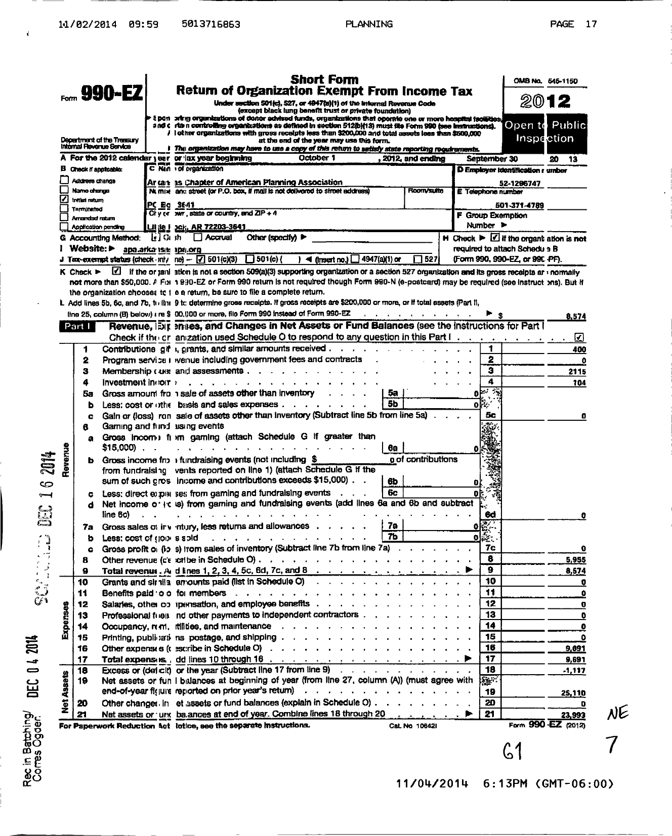 Image of first page of 2012 Form 990EZ for Arkansas Chapter of American Planning Association